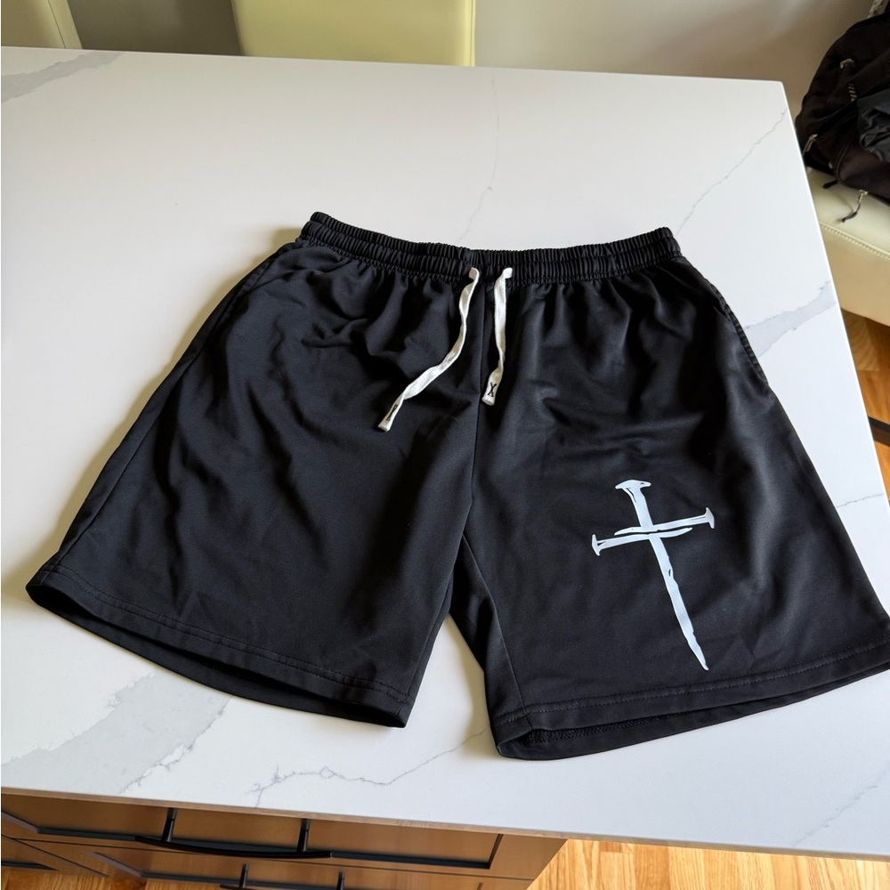 Black Athletic Shorts with Elastic Waistband and Cross Design